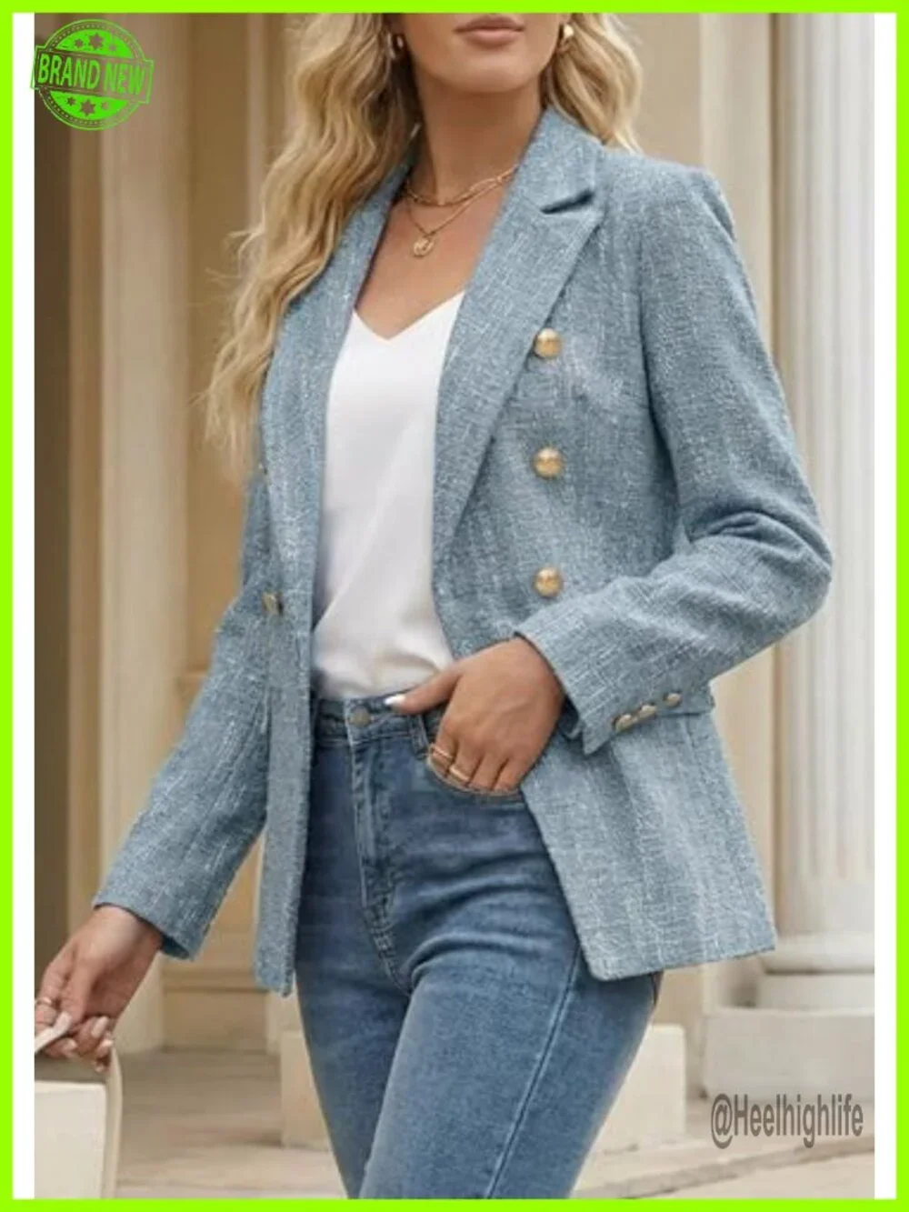 Double Breasted Tweed Blazer with Pockets